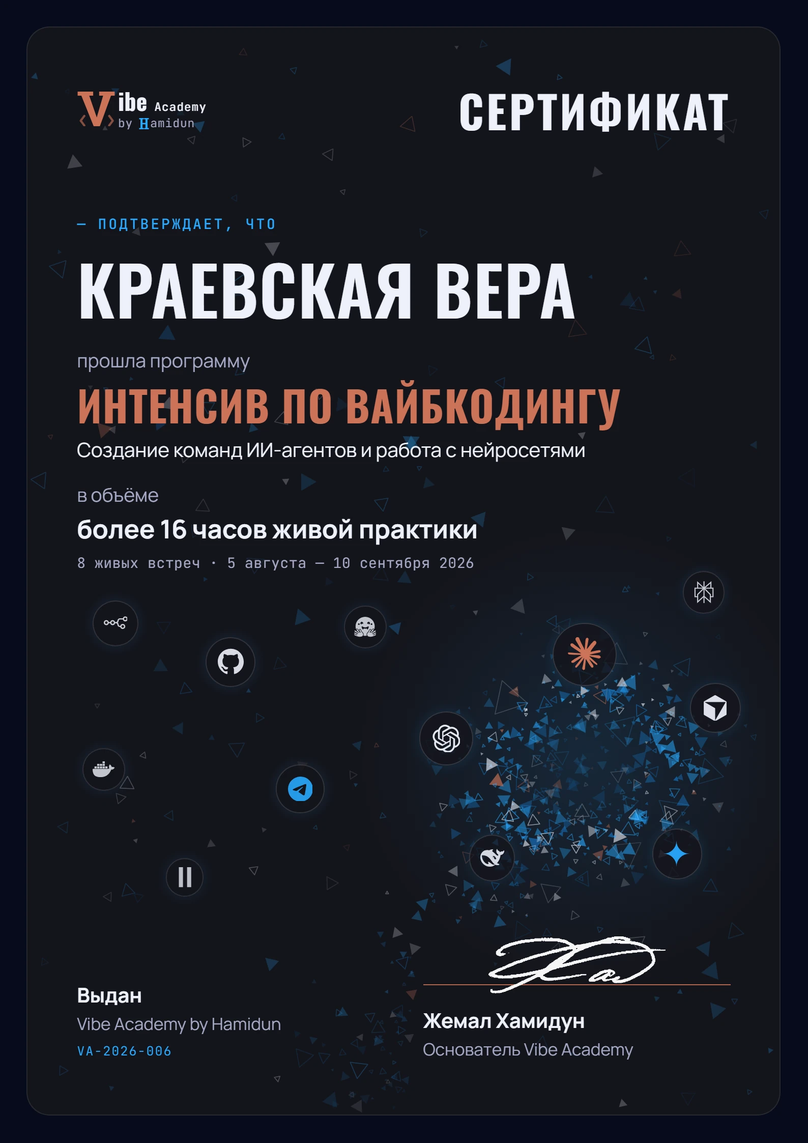 Именной сертификат Vibe Academy — образец